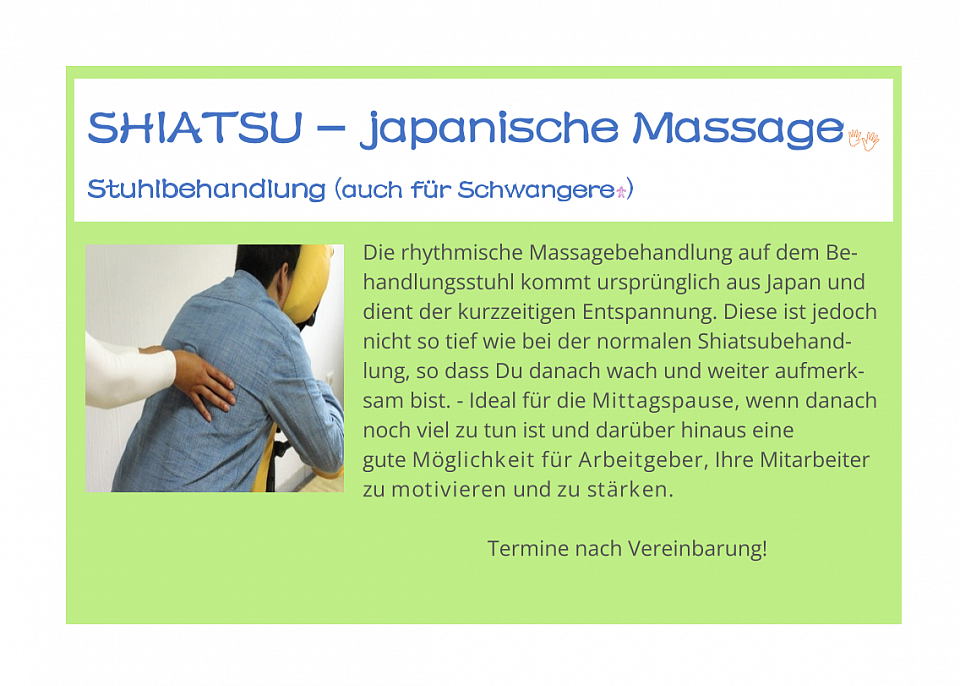 Shiatsu-Stuhlbehandlung - wach, aber entspannt in der Mittagspause oder im Büro.